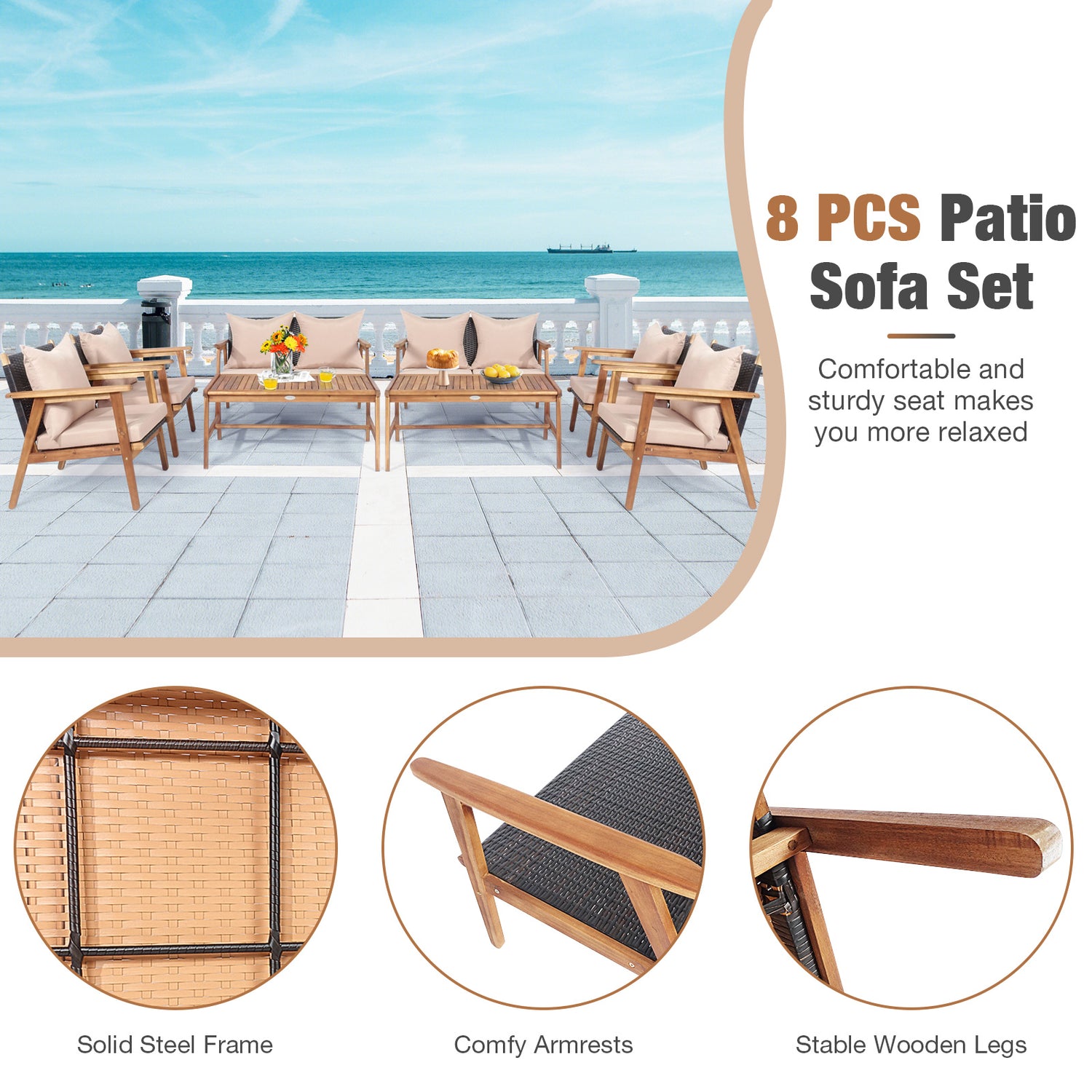 4 Pieces Acacia Wood Patio Rattan Furniture Set with Zippered Cushions
