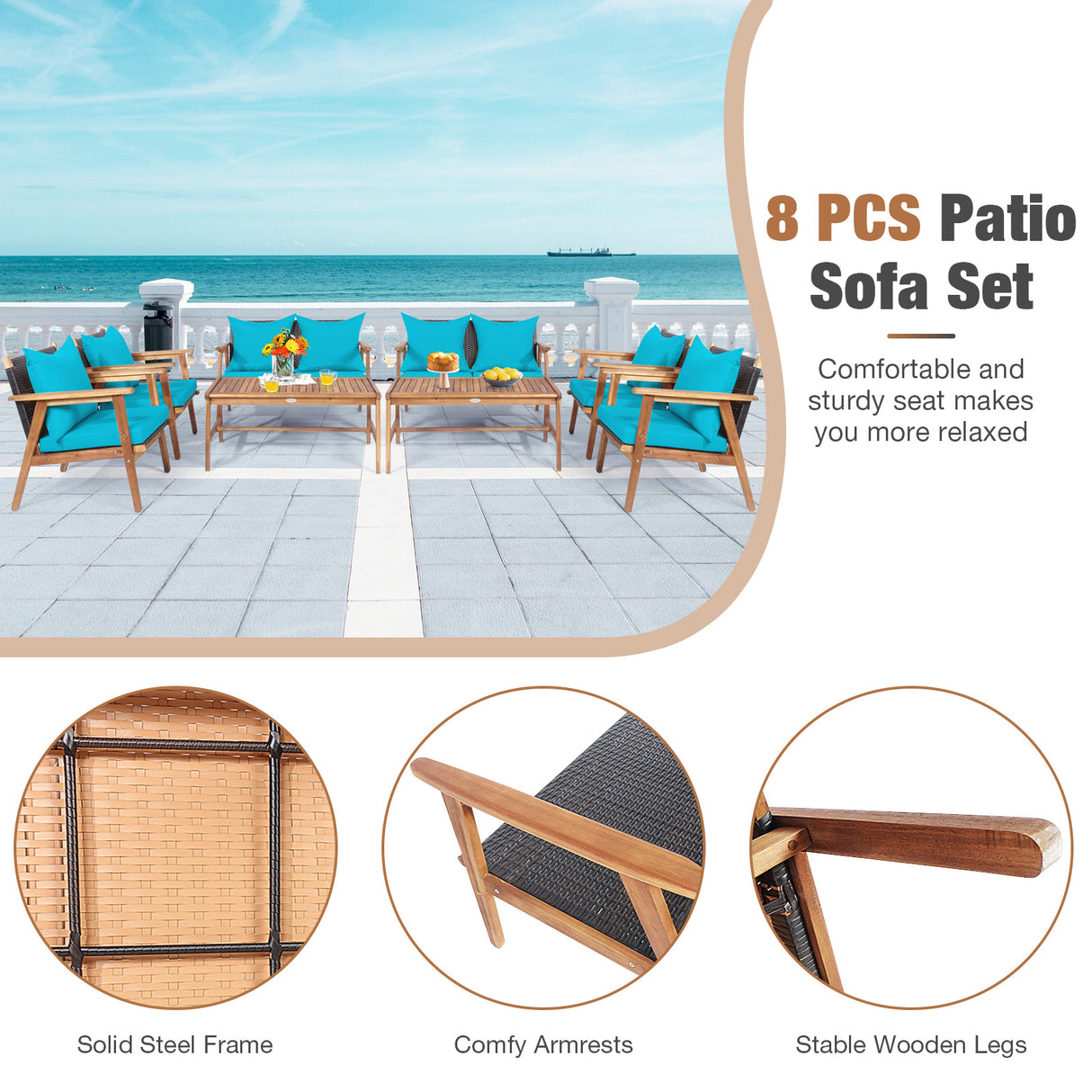 4 Pieces Acacia Wood Patio Rattan Furniture Set with Zippered Cushions