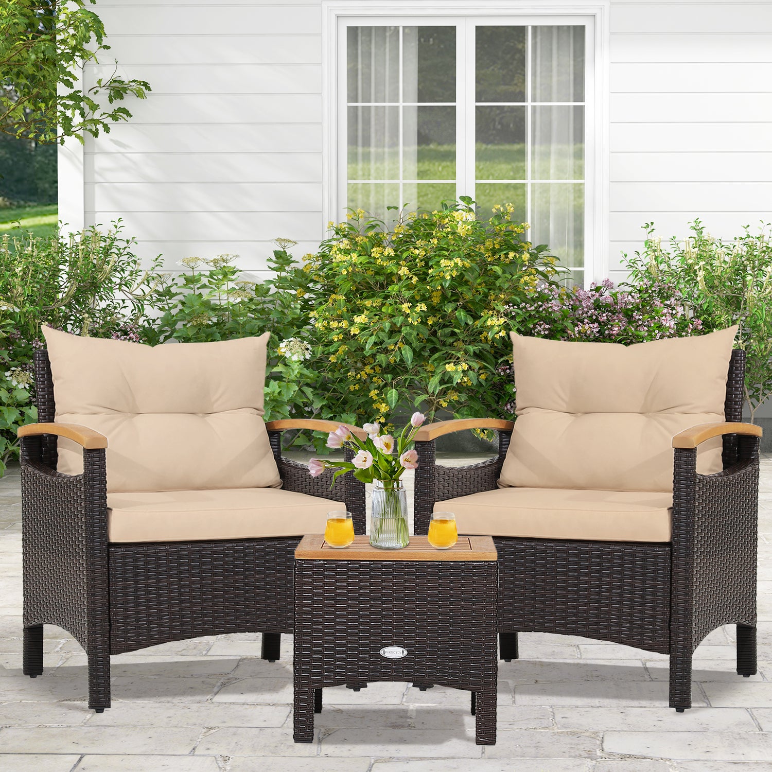3 Pieces Patio Rattan Furniture Set with Removable Cushion