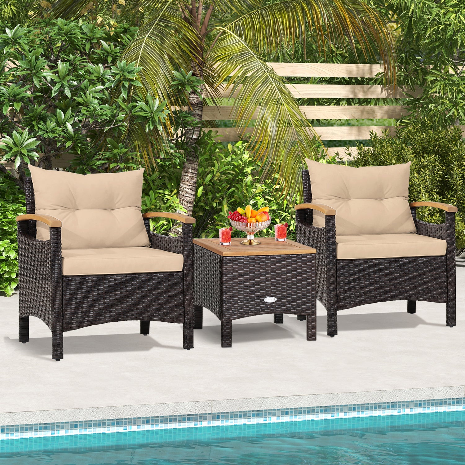 3 Pieces Patio Rattan Furniture Set with Removable Cushion