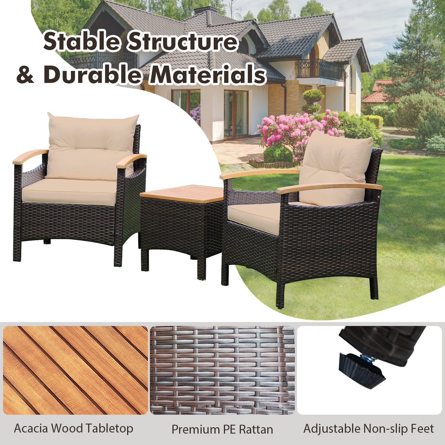 3 Pieces Patio Rattan Furniture Set with Removable Cushion