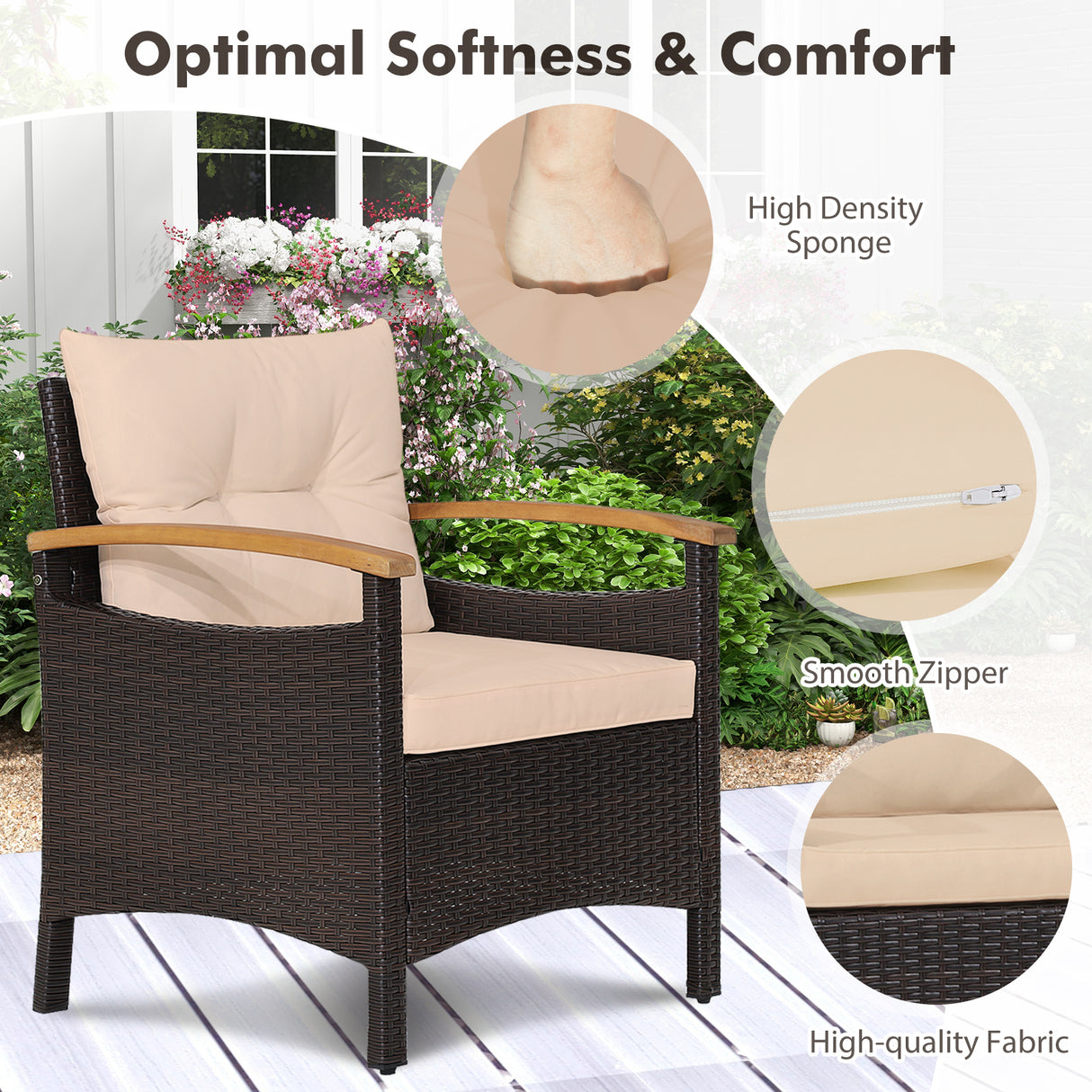 3 Pieces Patio Rattan Furniture Set with Removable Cushion