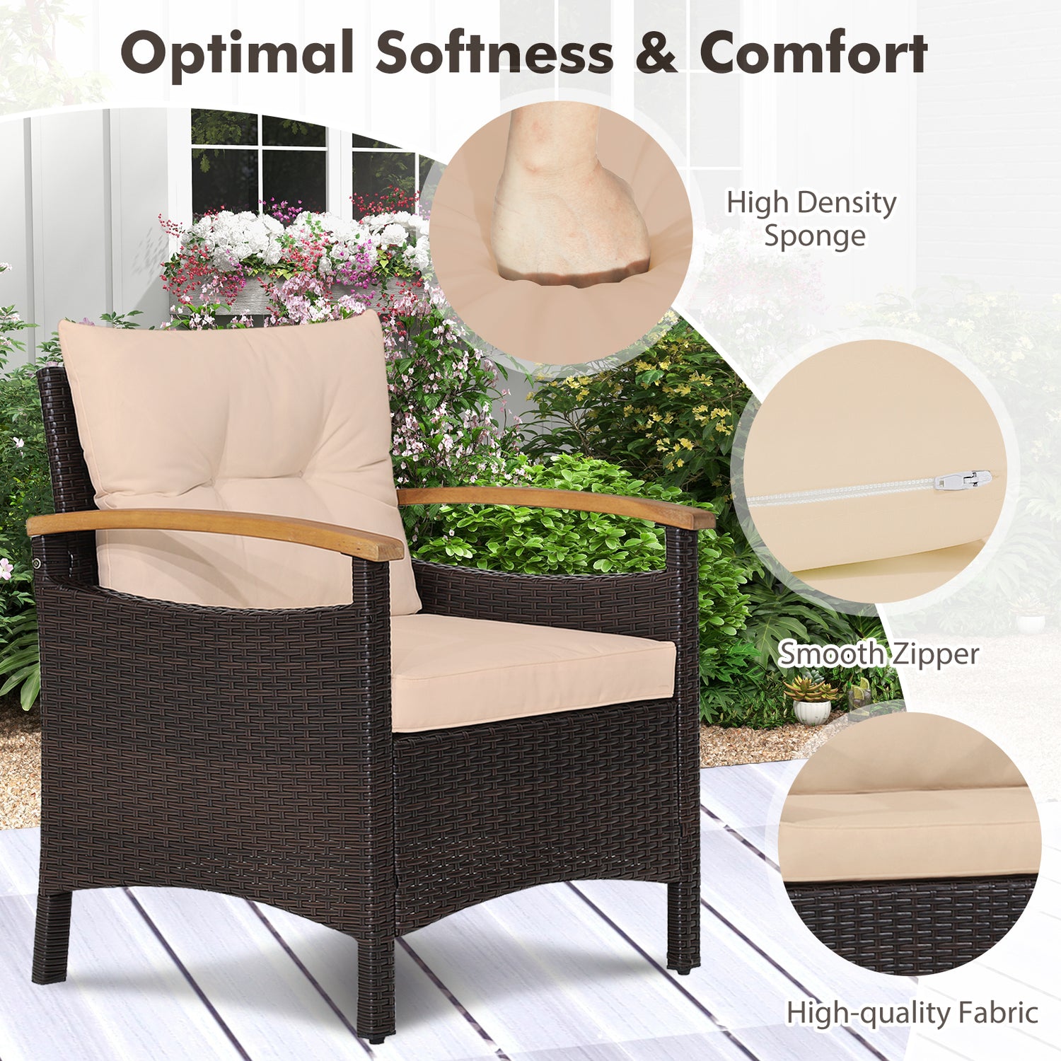 3 Pieces Patio Rattan Furniture Set with Removable Cushion