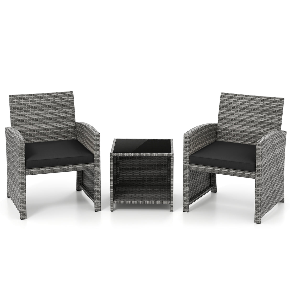 3 Pieces Patio Furniture Set with Tempered Glass Coffee Table and Soft Seat Cushions