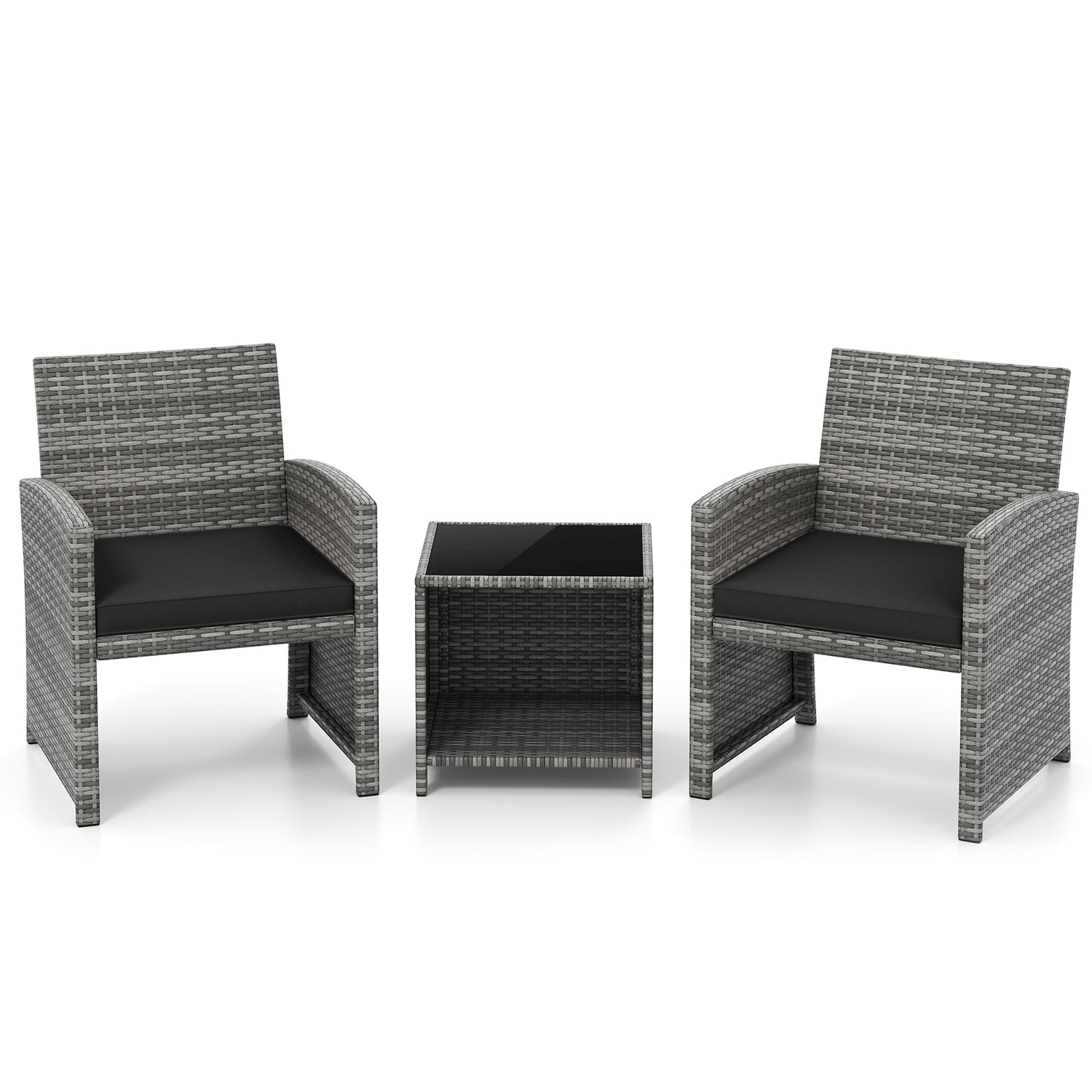 3 Pieces Patio Furniture Set with Tempered Glass Coffee Table and Soft Seat Cushions