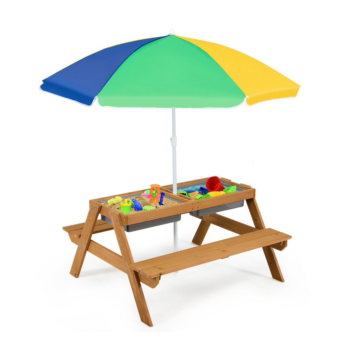 3-in-1 Kids Outdoor Picnic Water Sand Table with Umbrella Play Boxes