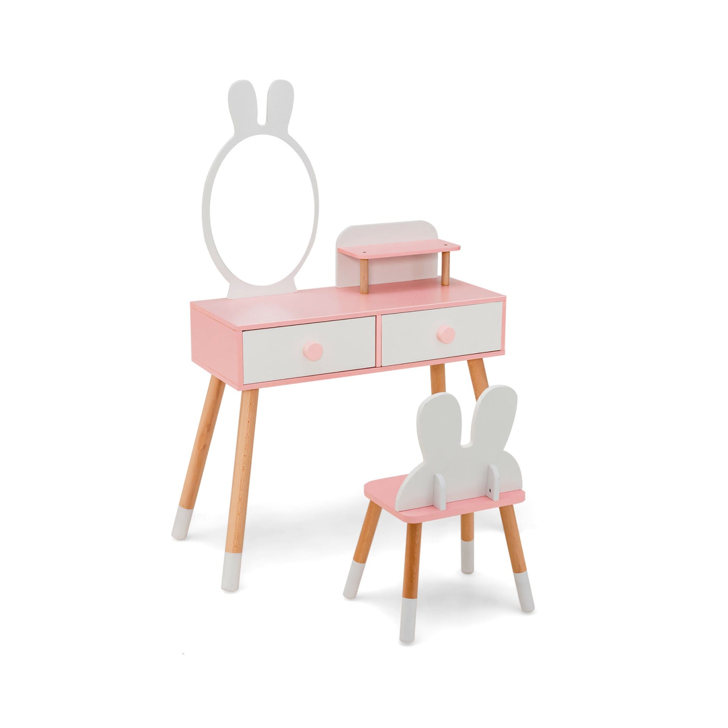 Kids Vanity Table and Chair Set with Drawer Shelf and Rabbit Mirror