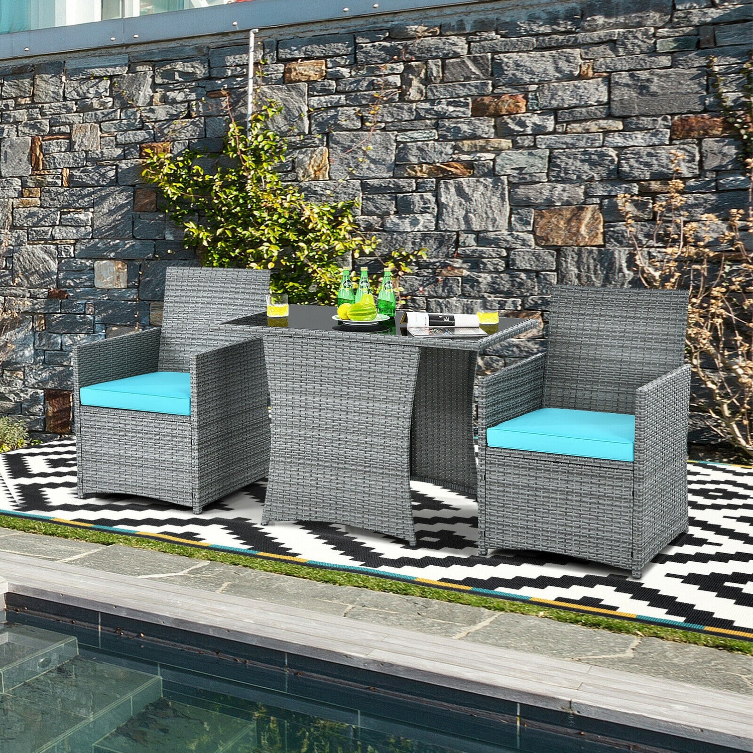 3 Pieces Patio Rattan Furniture Set with Cushioned Armrest Sofa