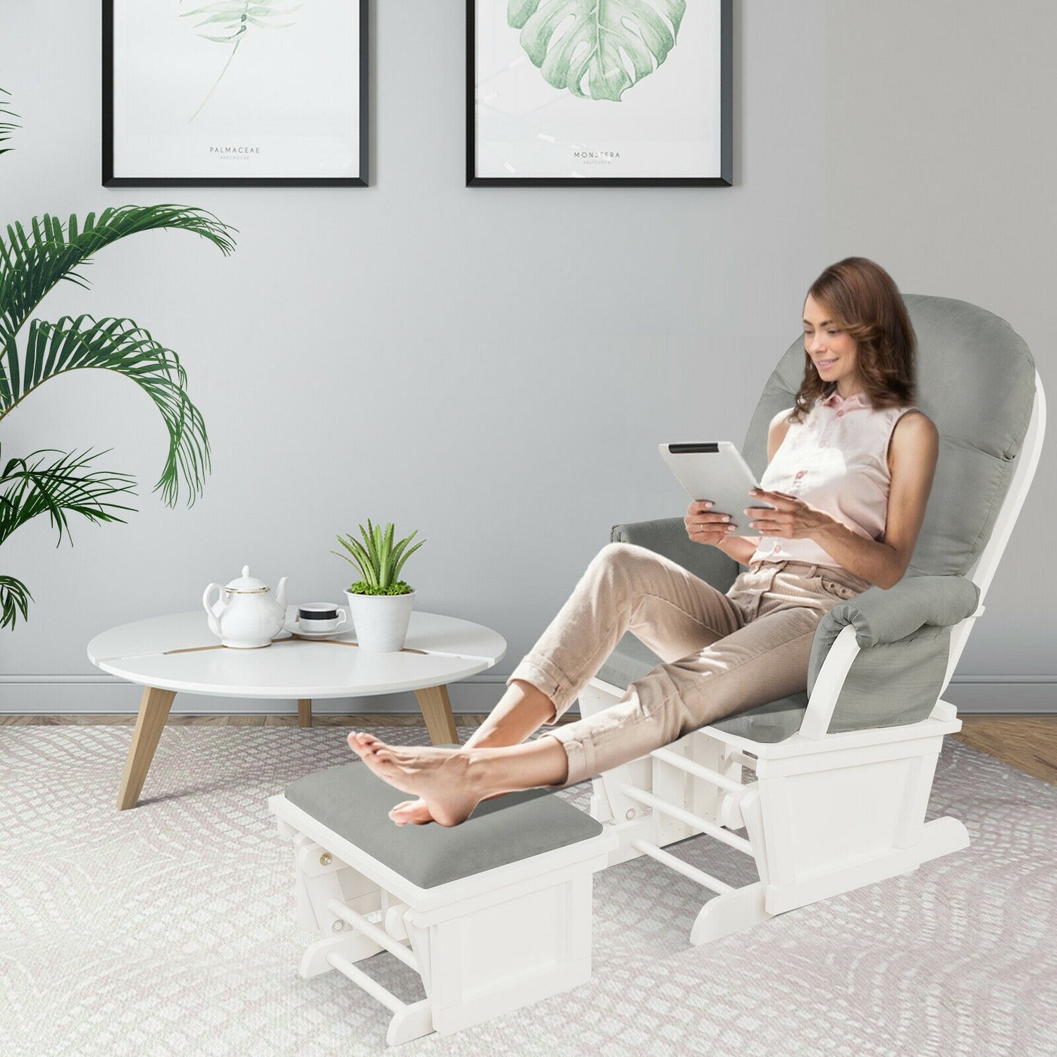 Wood Baby Glider and Ottoman Cushion Set with Padded Armrests for Nursing