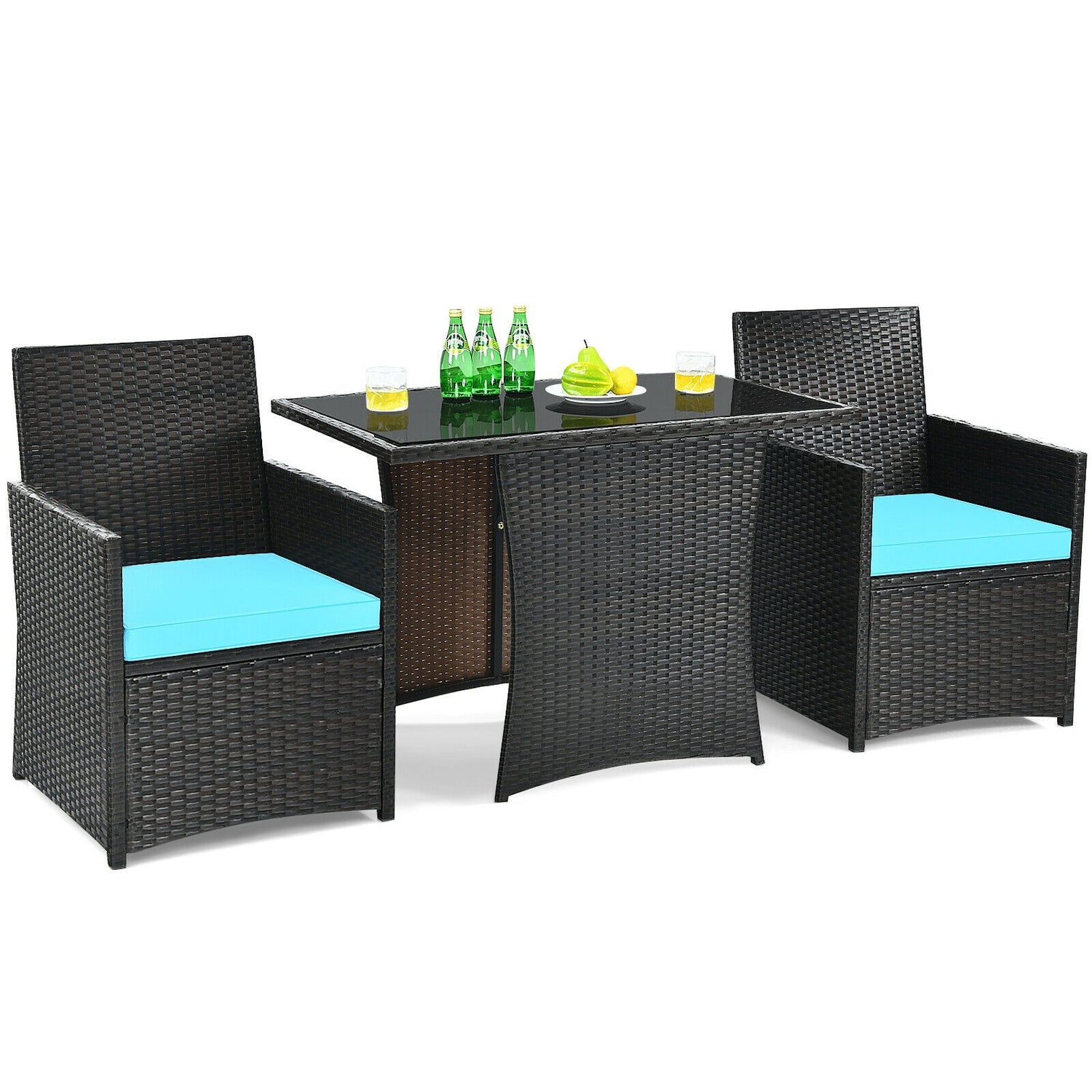 3 Pieces Patio Rattan Furniture Set with Cushion and Sofa Armrest