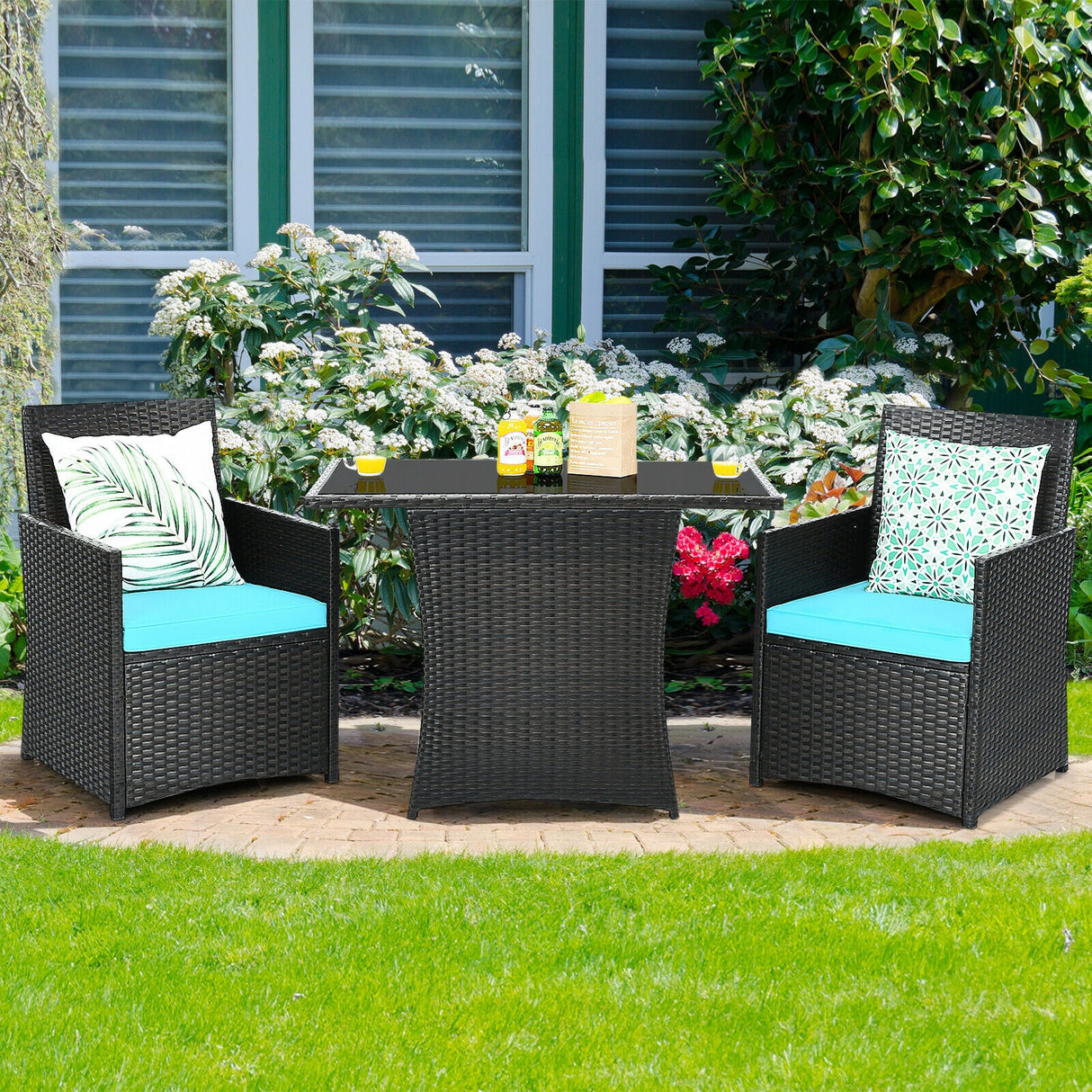 3 Pieces Patio Rattan Furniture Set with Cushion and Sofa Armrest