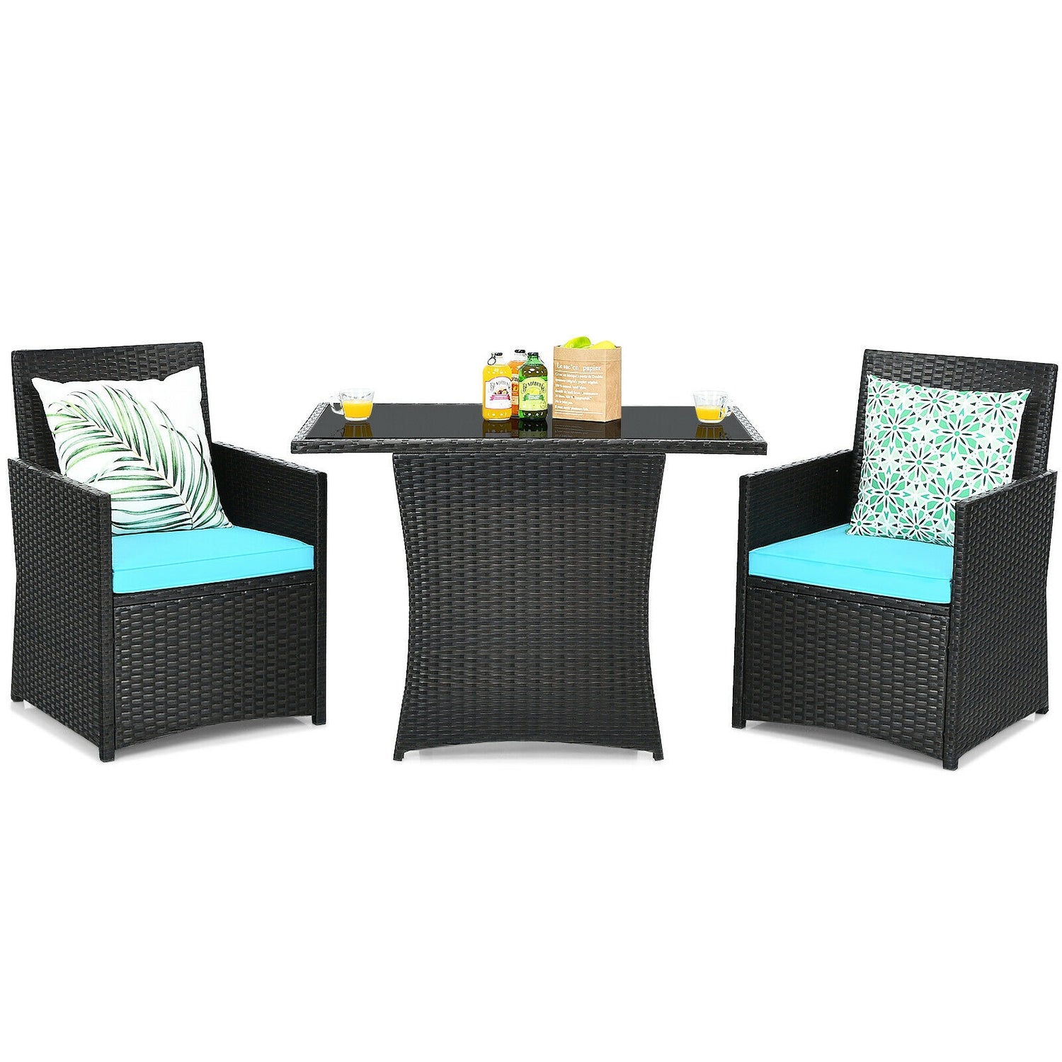 3 Pieces Patio Rattan Furniture Set with Cushion and Sofa Armrest
