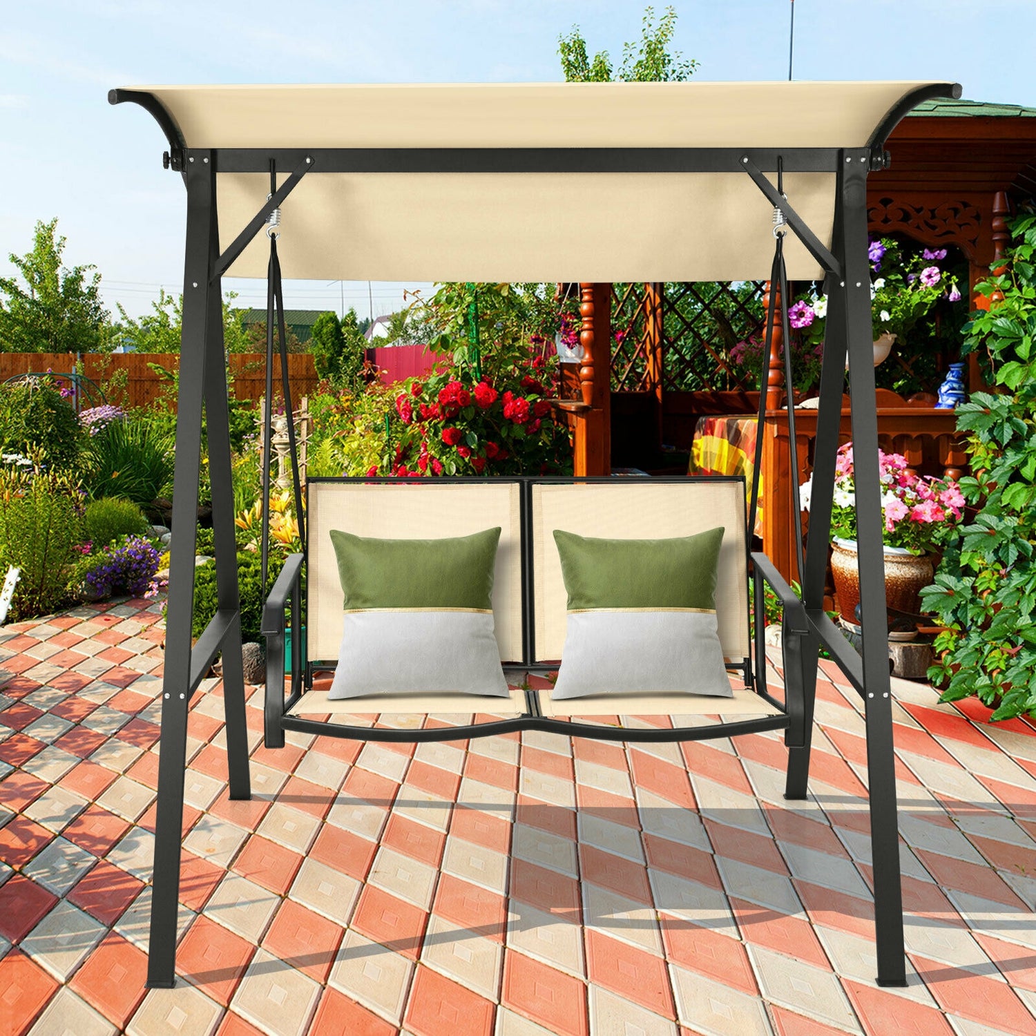 Outdoor Porch Steel Hanging 2-Seat Swing Loveseat with Canopy