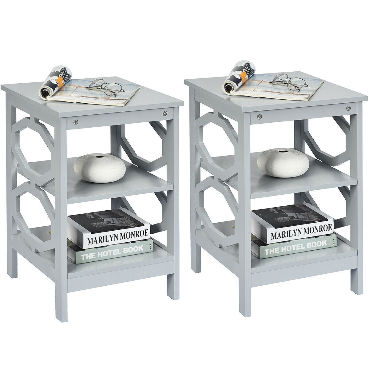 2 Pieces 3-tier Nightstand Sofa Side End Accent Table Storage Display Shelf-Gray