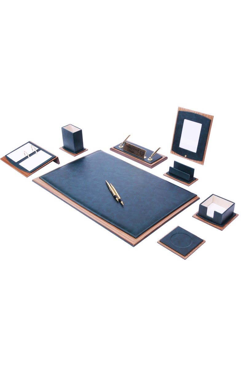 MOOG Star Leather Desk Organizer Set Walnut Wood Combination Best Gift For Lawyers, Managers and Bosses -10 PCS