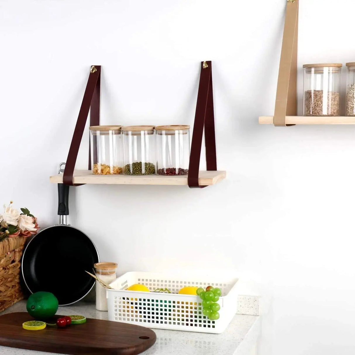 Leather Strap Wood Floating Wall Shelf