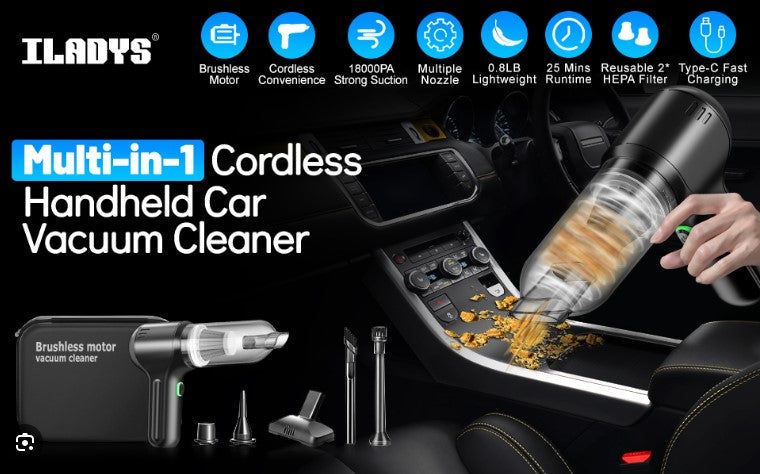 Car Vacuum Cleaner Portable Cordless, 15000PA Handheld Vacuum with High Power Brushless Motor