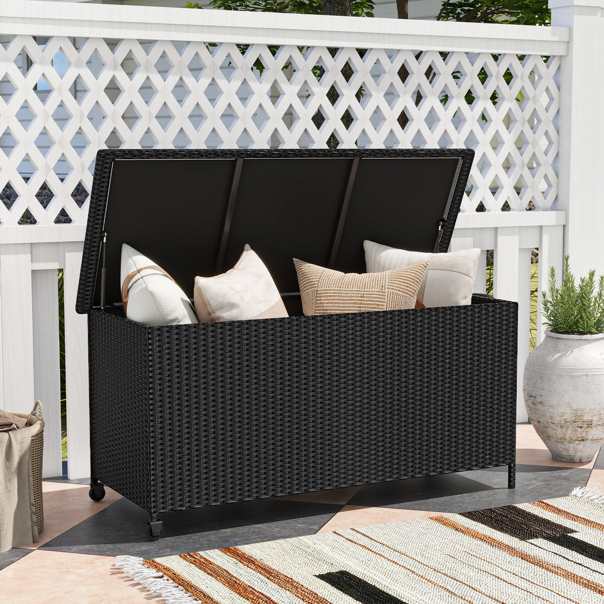 Indoor Outdoor 85 Gallon Storage Container with Waterproof Liner and Universal Wheels