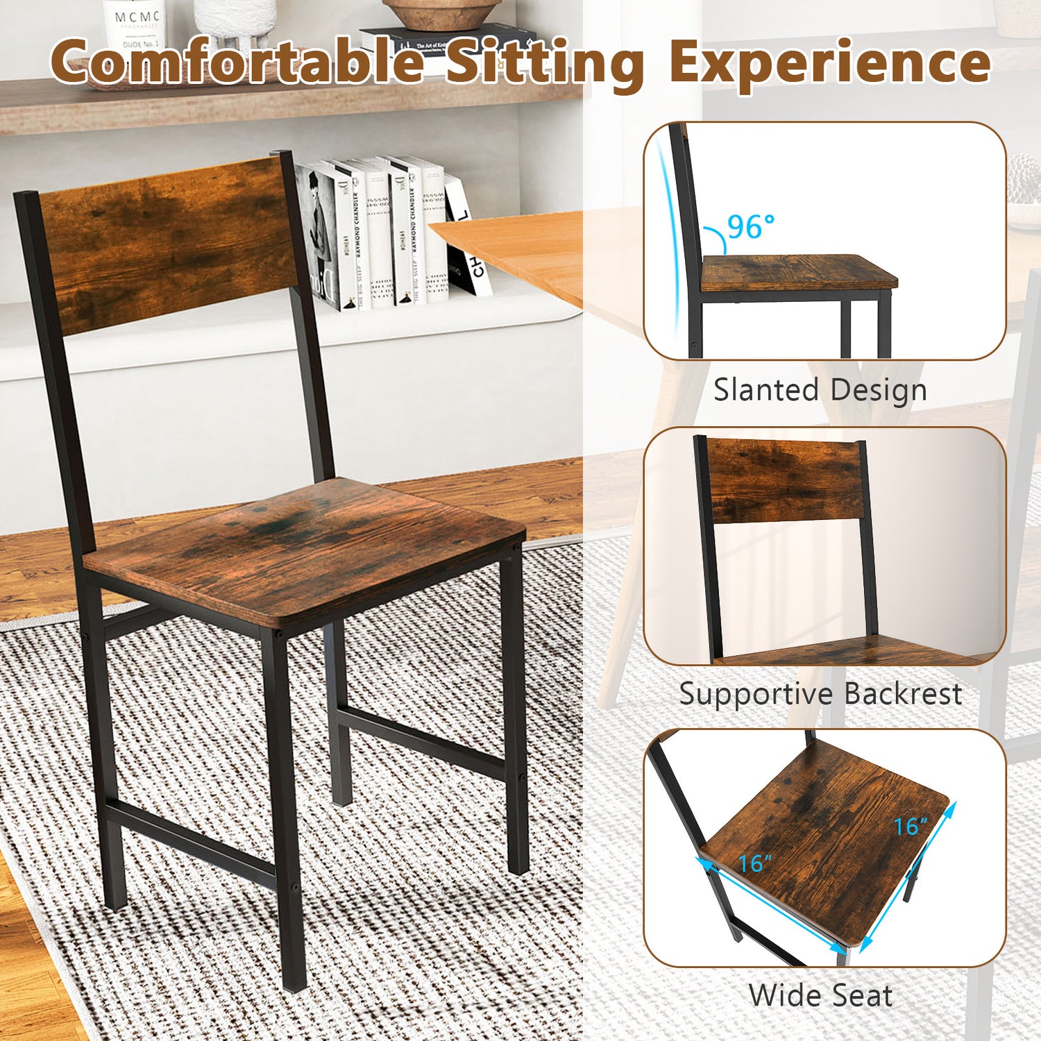 Industrial Kitchen Side Chairs Set of 2 with Metal Legs and Slanted Back-Rustic Brown