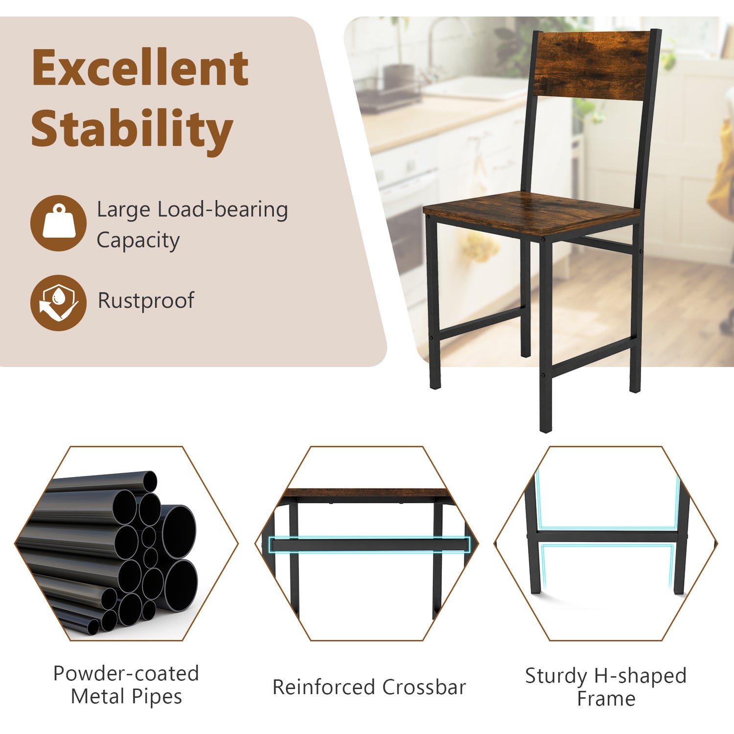 Industrial Kitchen Side Chairs Set of 2 with Metal Legs and Slanted Back-Rustic Brown