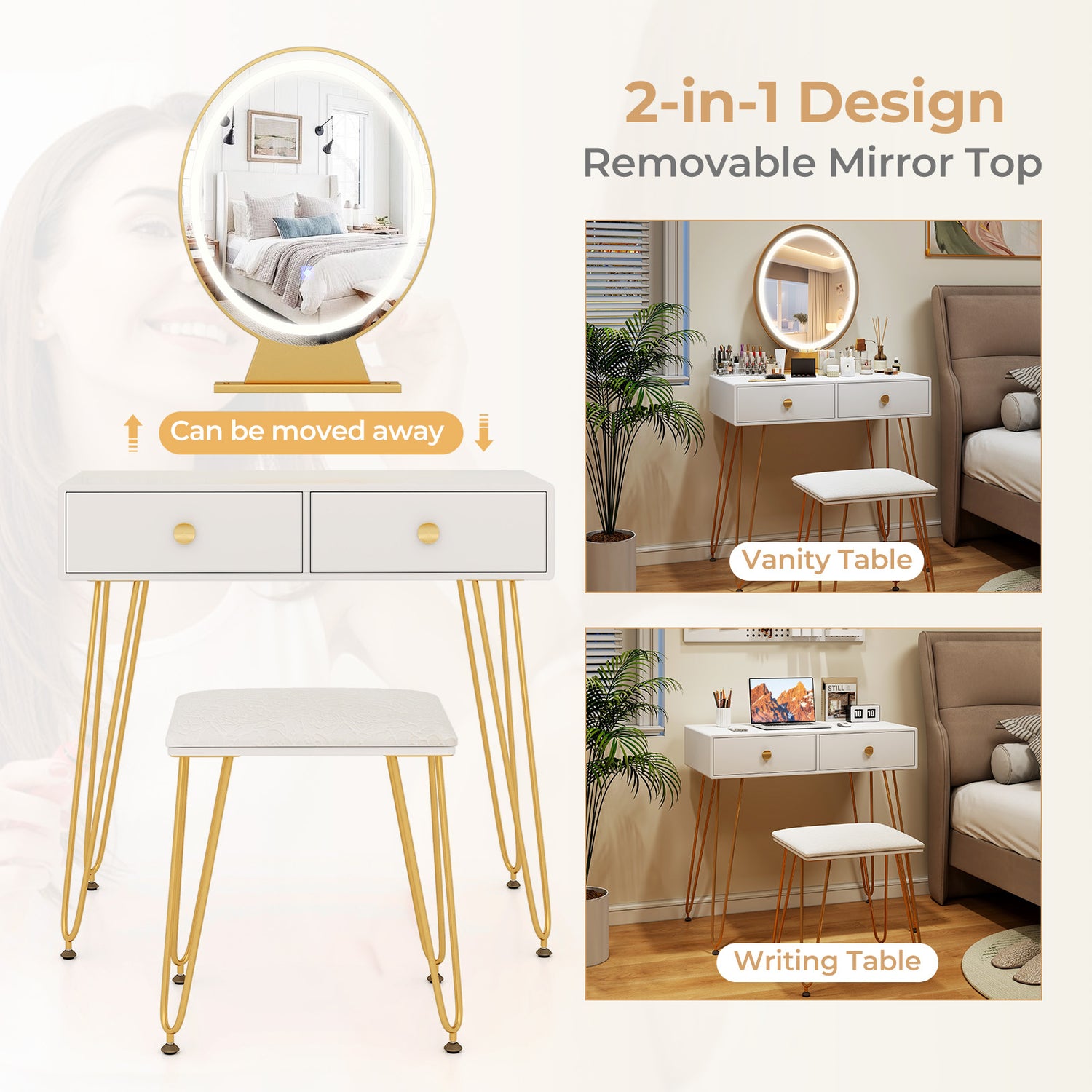 Industrial Makeup Dressing Table with 3 Lighting Modes