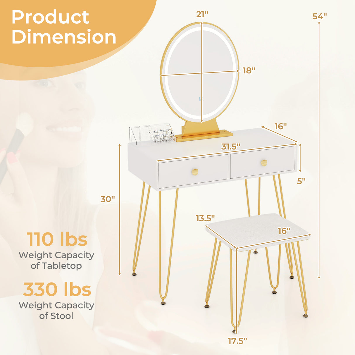 Industrial Makeup Dressing Table with 3 Lighting Modes