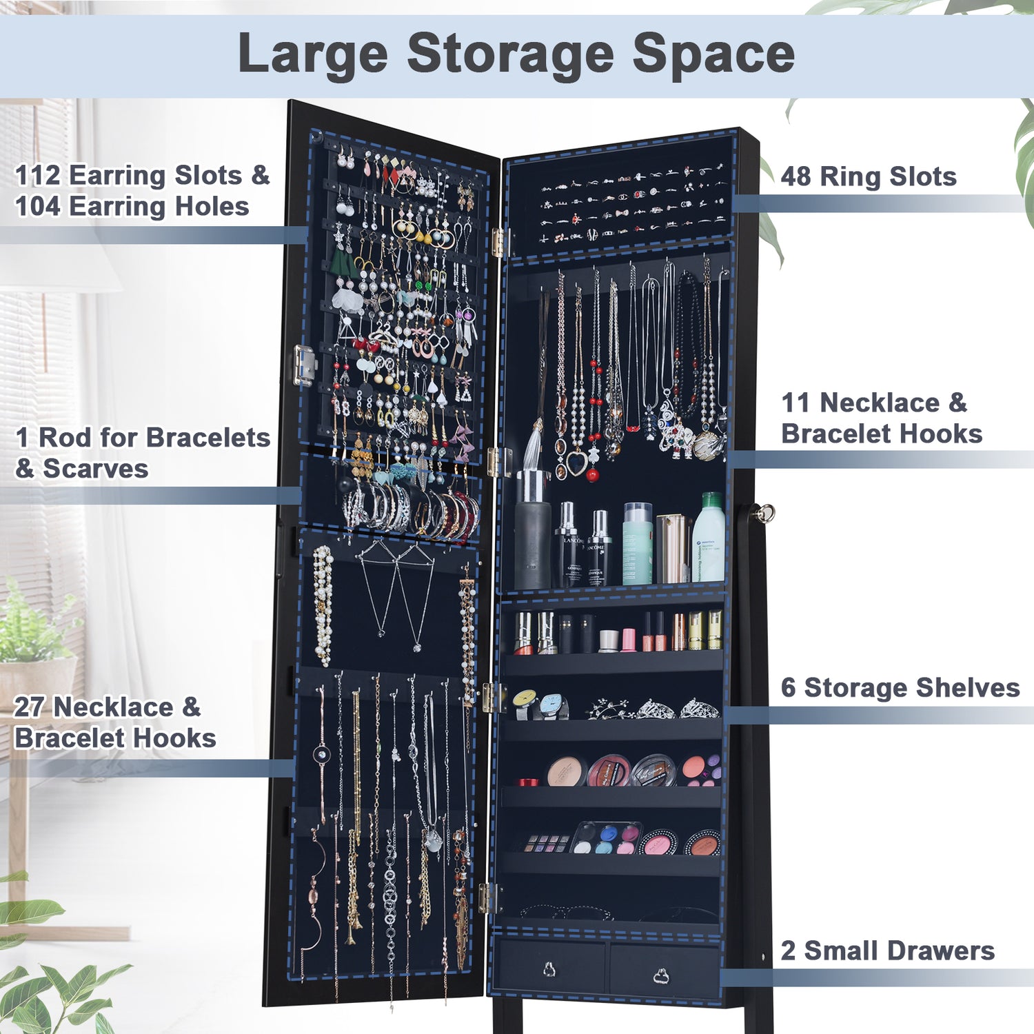 Lockable Mirrored Jewelry Cabinet Armoire Storage Organizer Box