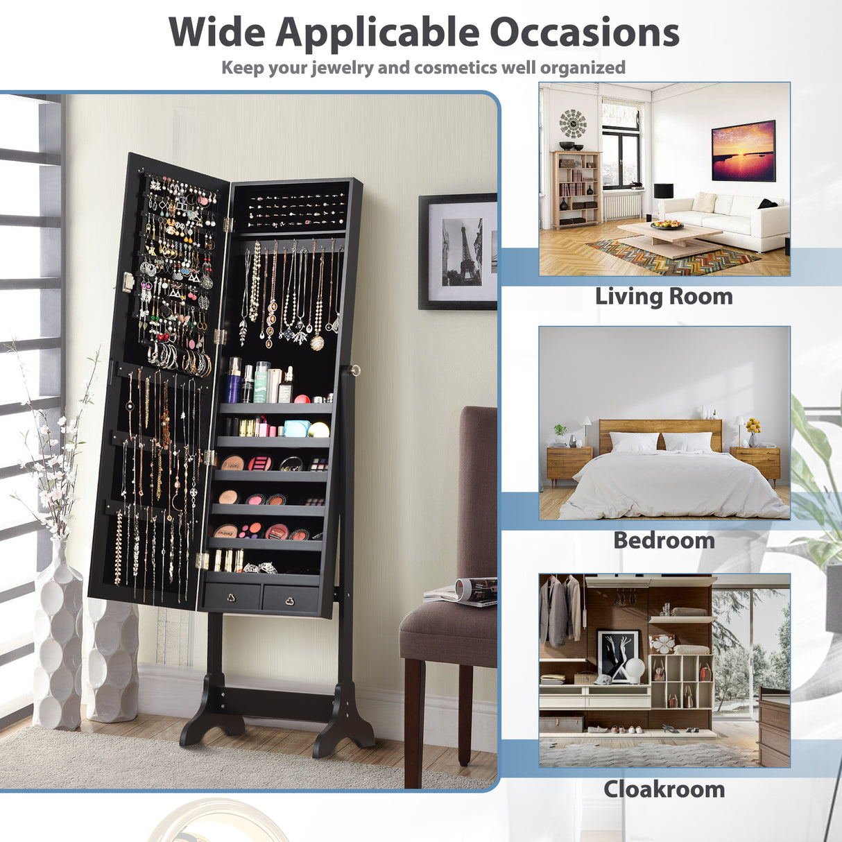 Lockable Mirrored Jewelry Cabinet Armoire Storage Organizer Box