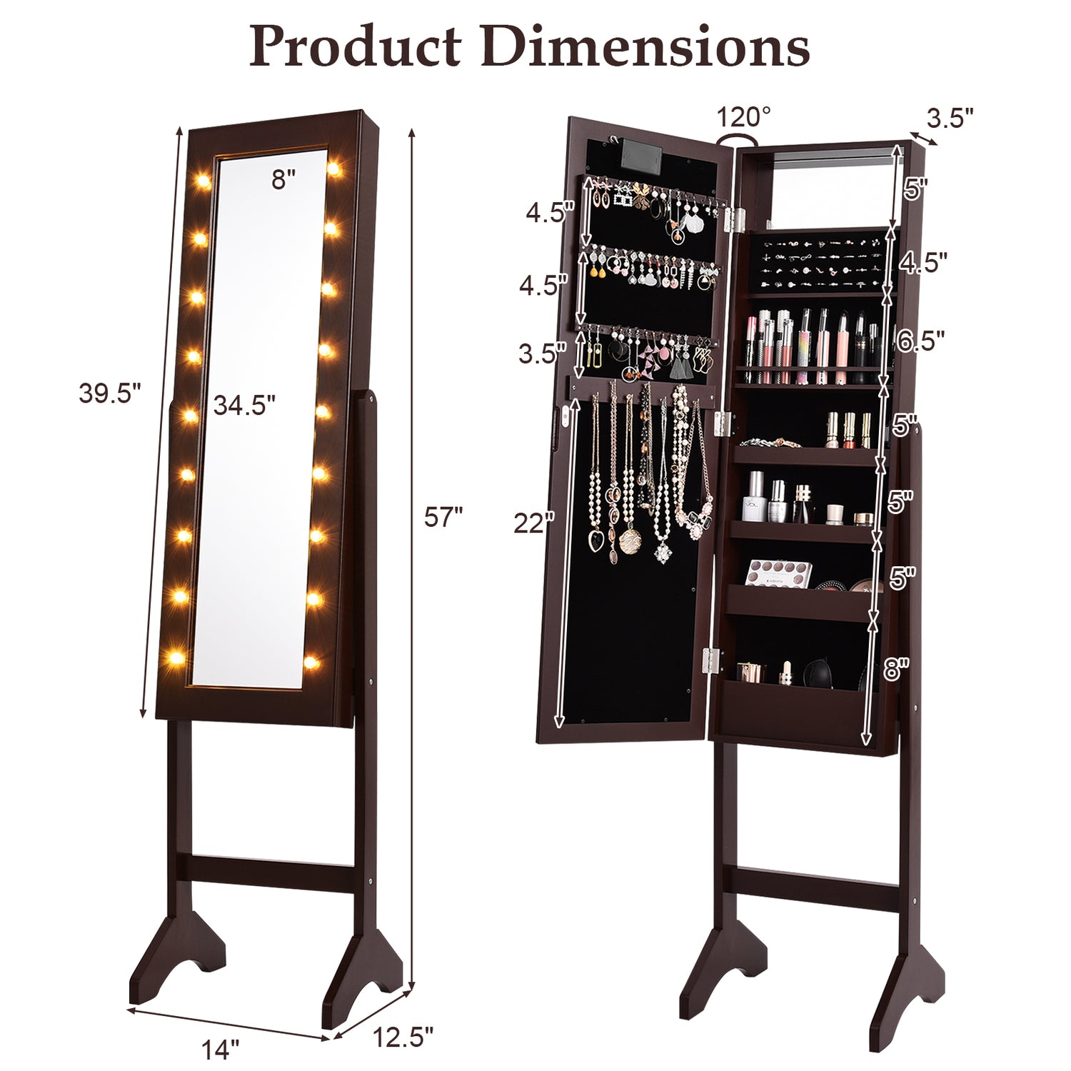 Mirrored Jewelry Cabinet Armoire Organizer w/ LED lights