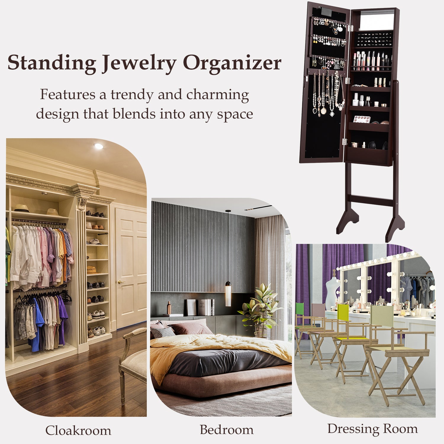 Mirrored Jewelry Cabinet Armoire Organizer w/ LED lights