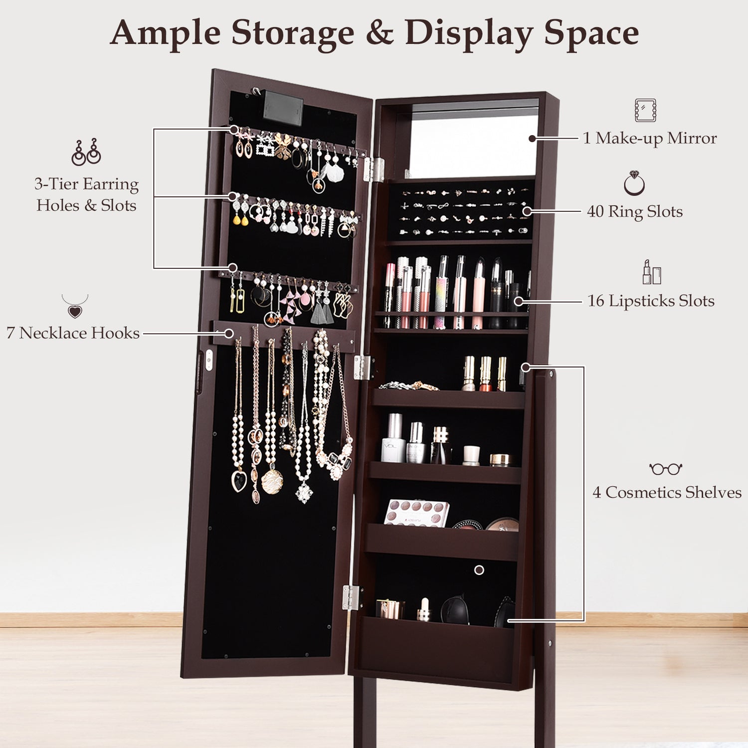 Mirrored Jewelry Cabinet Armoire Organizer w/ LED lights