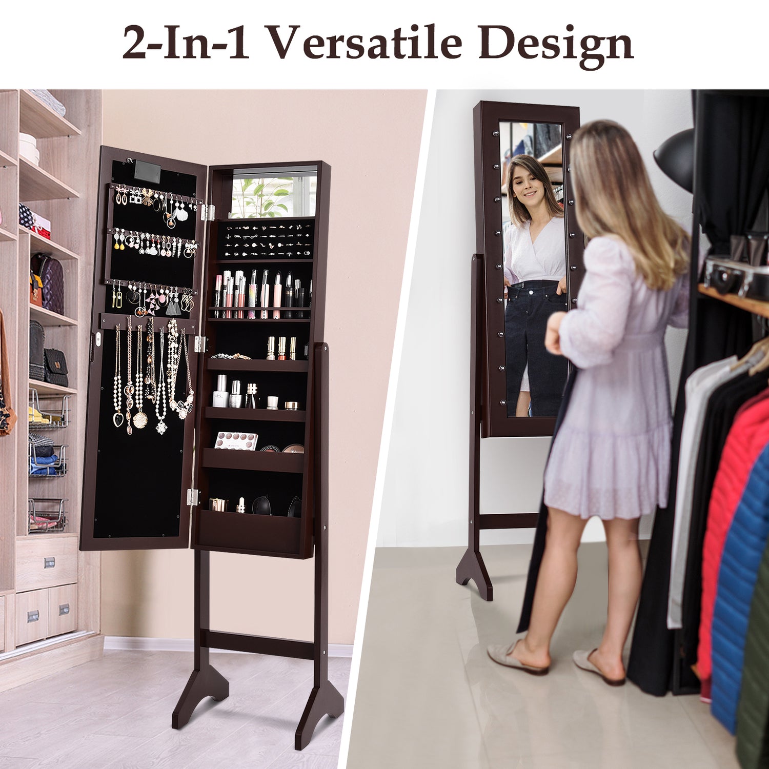 Mirrored Jewelry Cabinet Armoire Organizer w/ LED lights