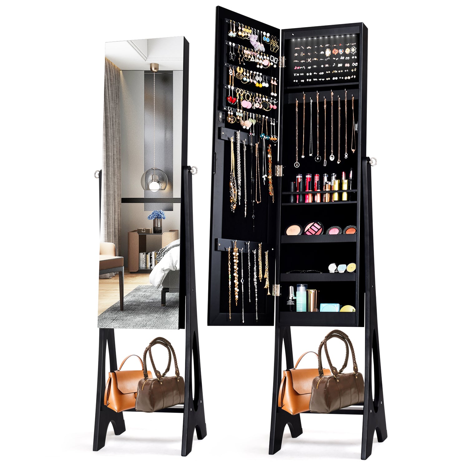 LED Jewelry Cabinet Armoire Organizer with Bevel Edge Mirror-Black