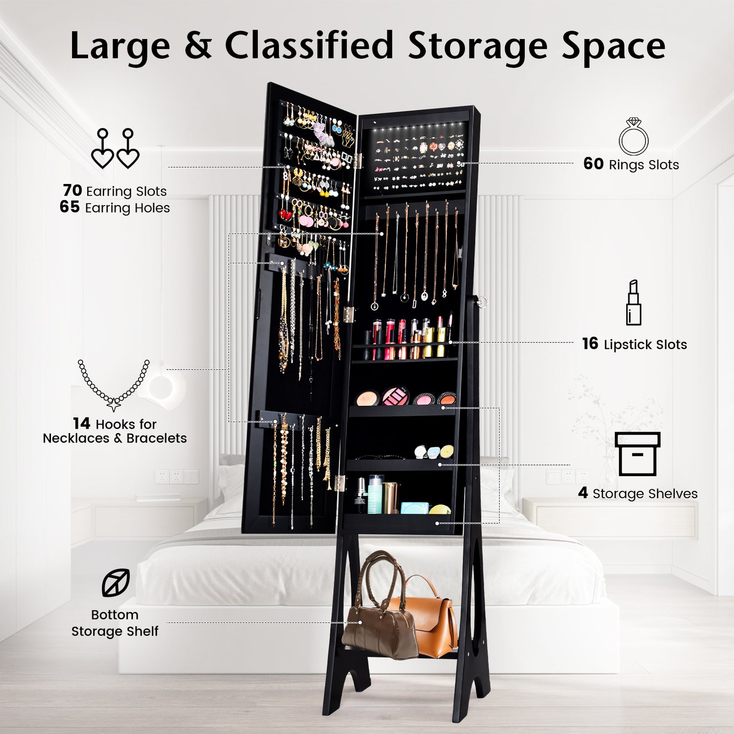 LED Jewelry Cabinet Armoire Organizer with Bevel Edge Mirror-Black