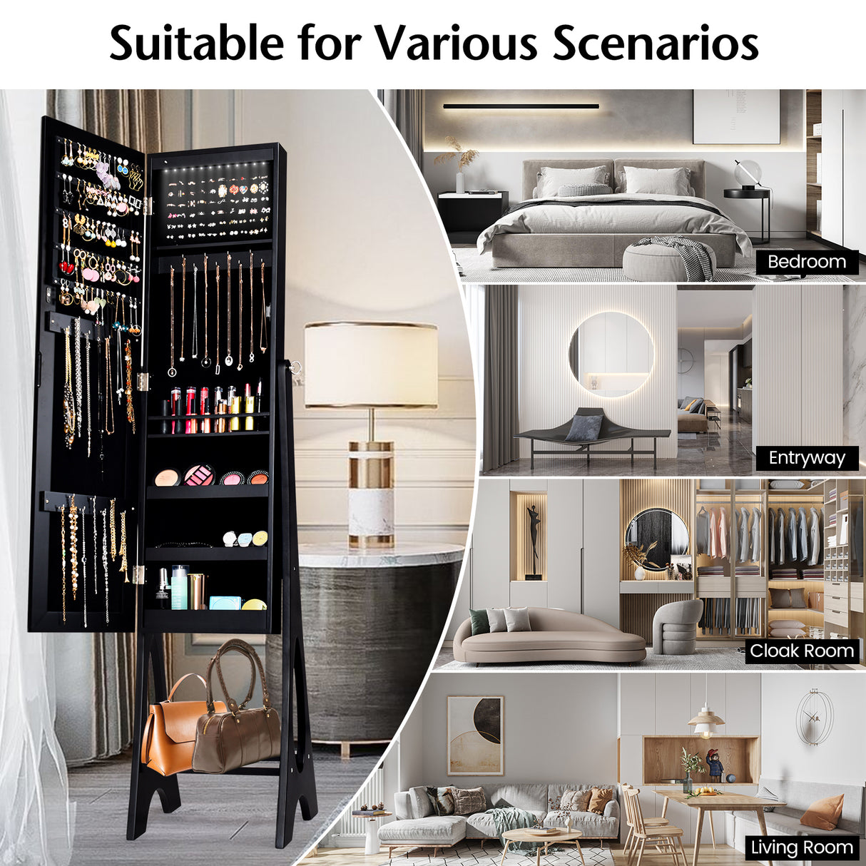 LED Jewelry Cabinet Armoire Organizer with Bevel Edge Mirror-Black