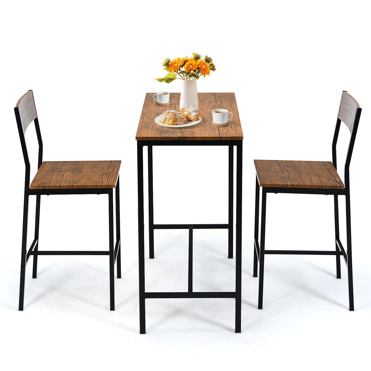 3 Pieces Bar Table Set with 2 Stools-Black