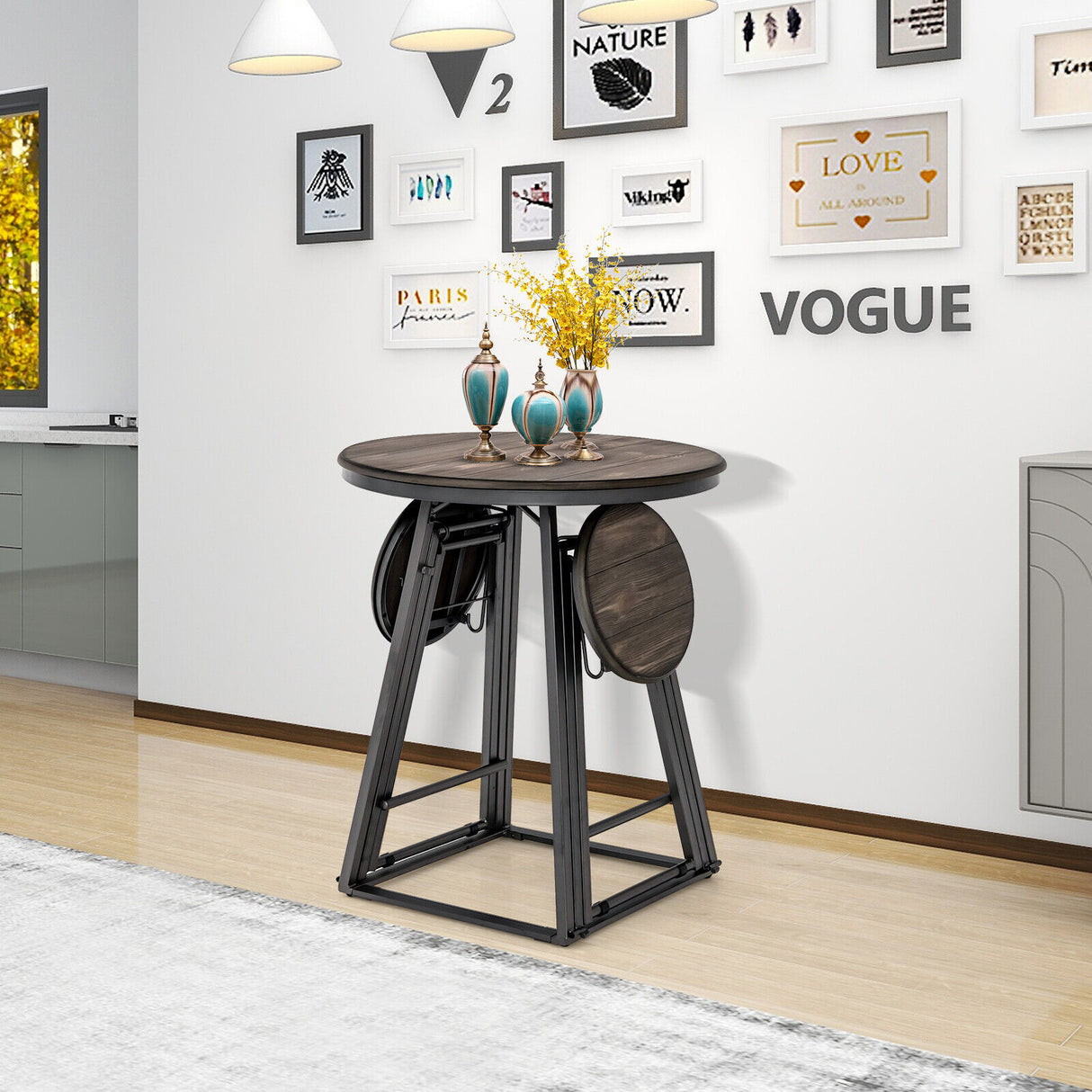 3 Pieces Dining Table Set with 2 Foldable Stools for Small Space-Gray