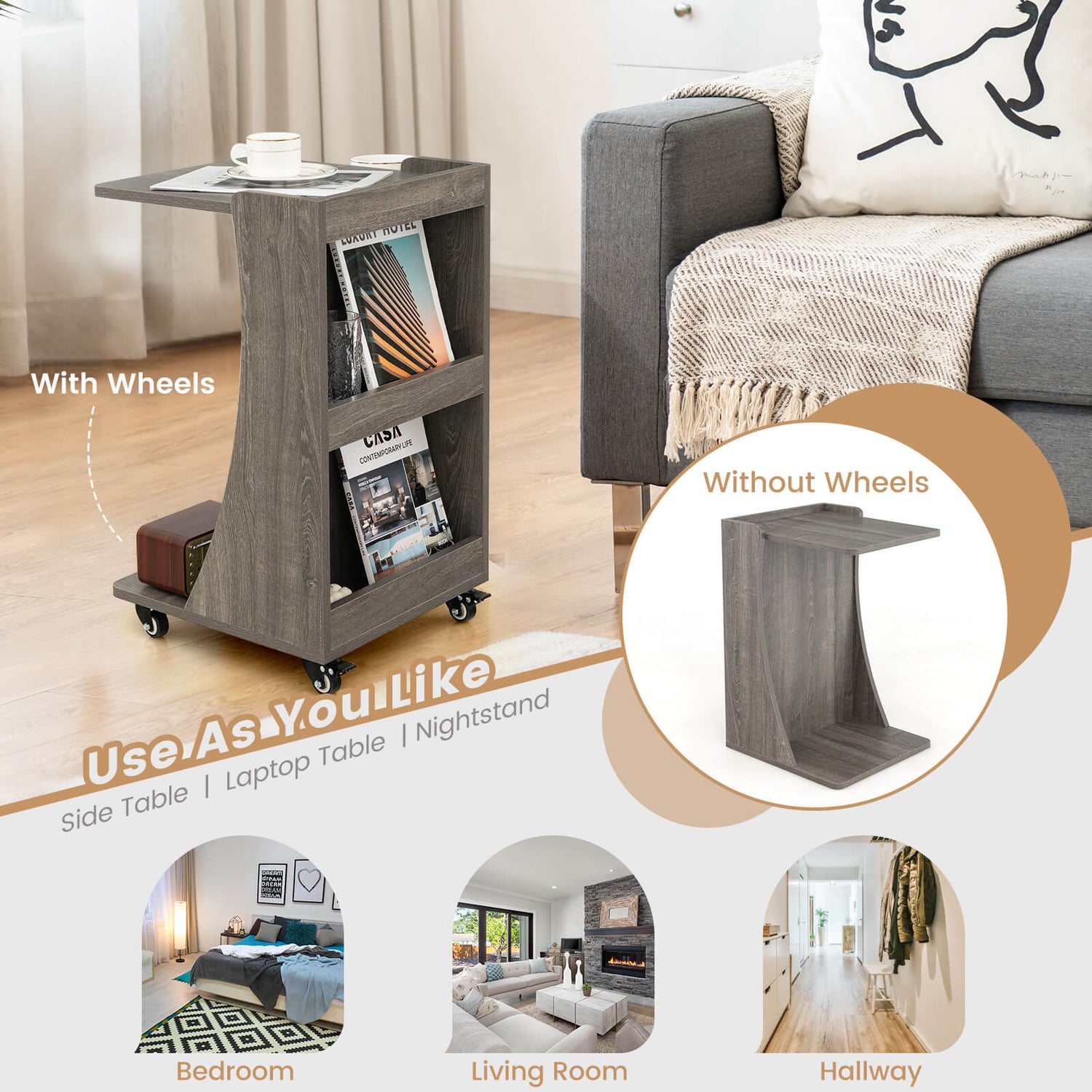 C-shaped Rolling End Side with Back Storage Shelves beside Sofa-Gray