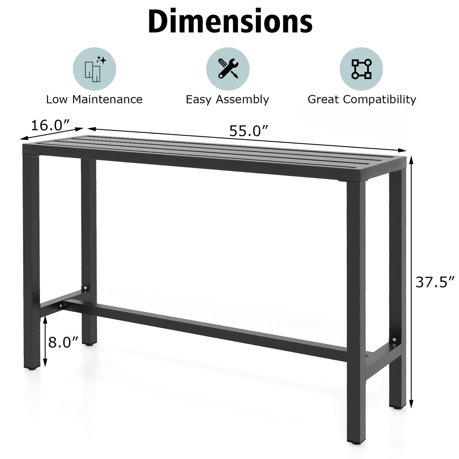 48/55 Inch Outdoor Bar Table with Waterproof Top and Heavy-duty Metal Frame