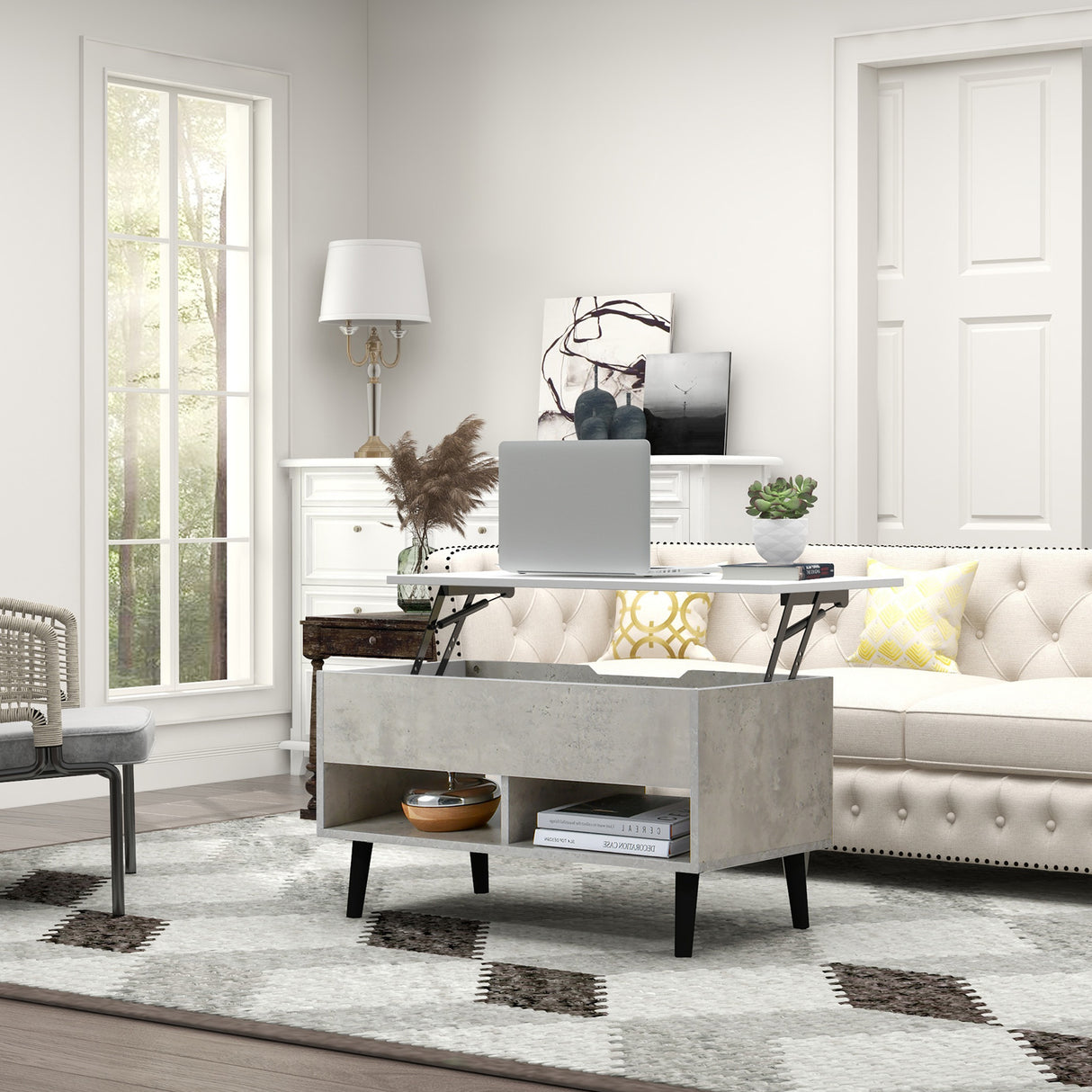 31.5 Inch Lift Top Coffee Table with Hidden Compartment and 2 Storage Shelves