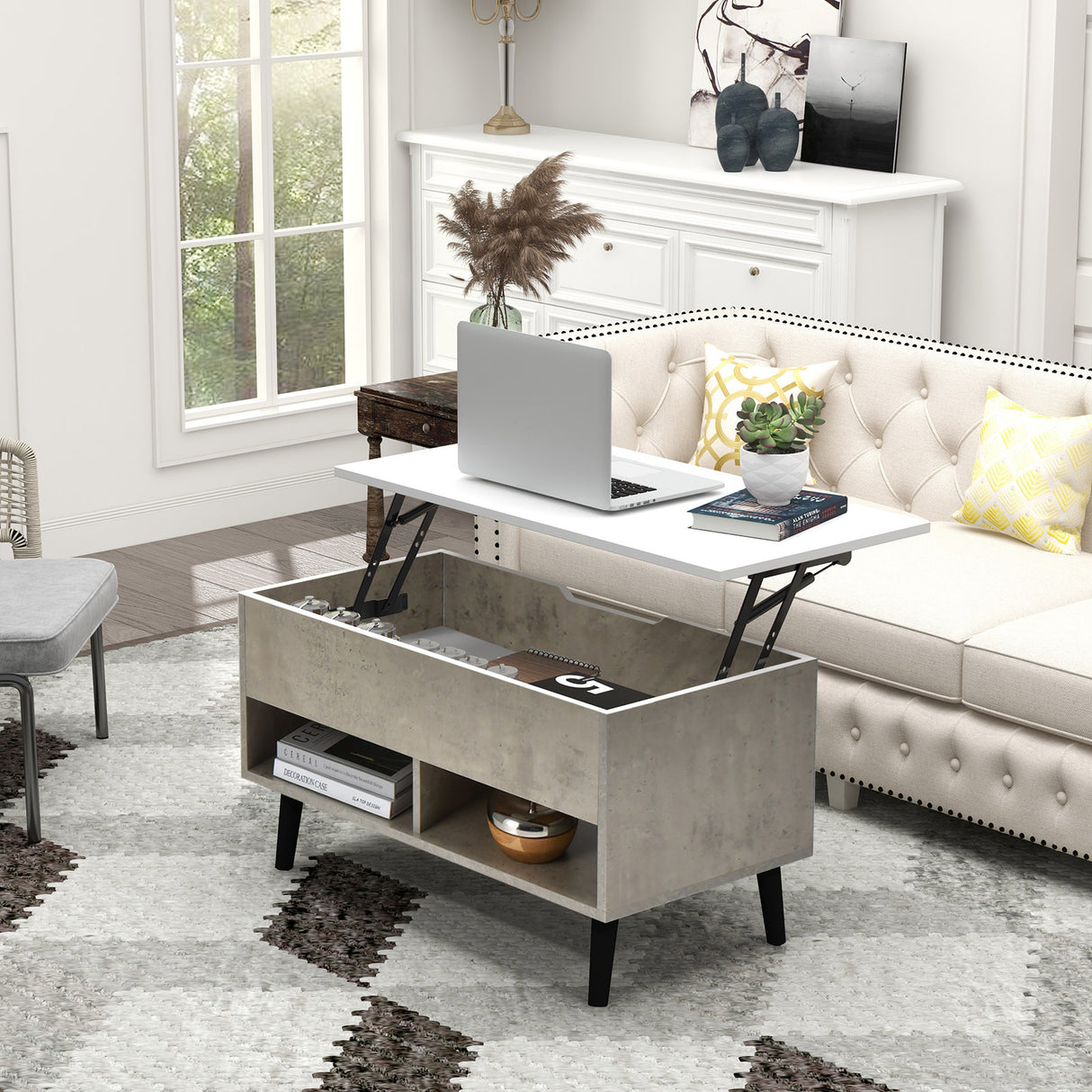 31.5 Inch Lift Top Coffee Table with Hidden Compartment and 2 Storage Shelves