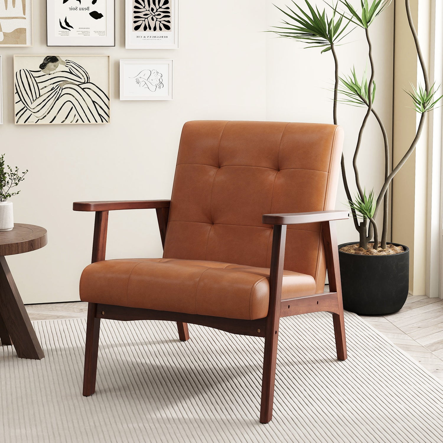 Mid Century Modern Accent Chair with Solid Rubber Wood Frame and Leather Cover
