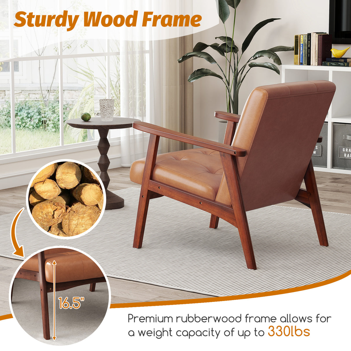 Mid Century Modern Accent Chair with Solid Rubber Wood Frame and Leather Cover