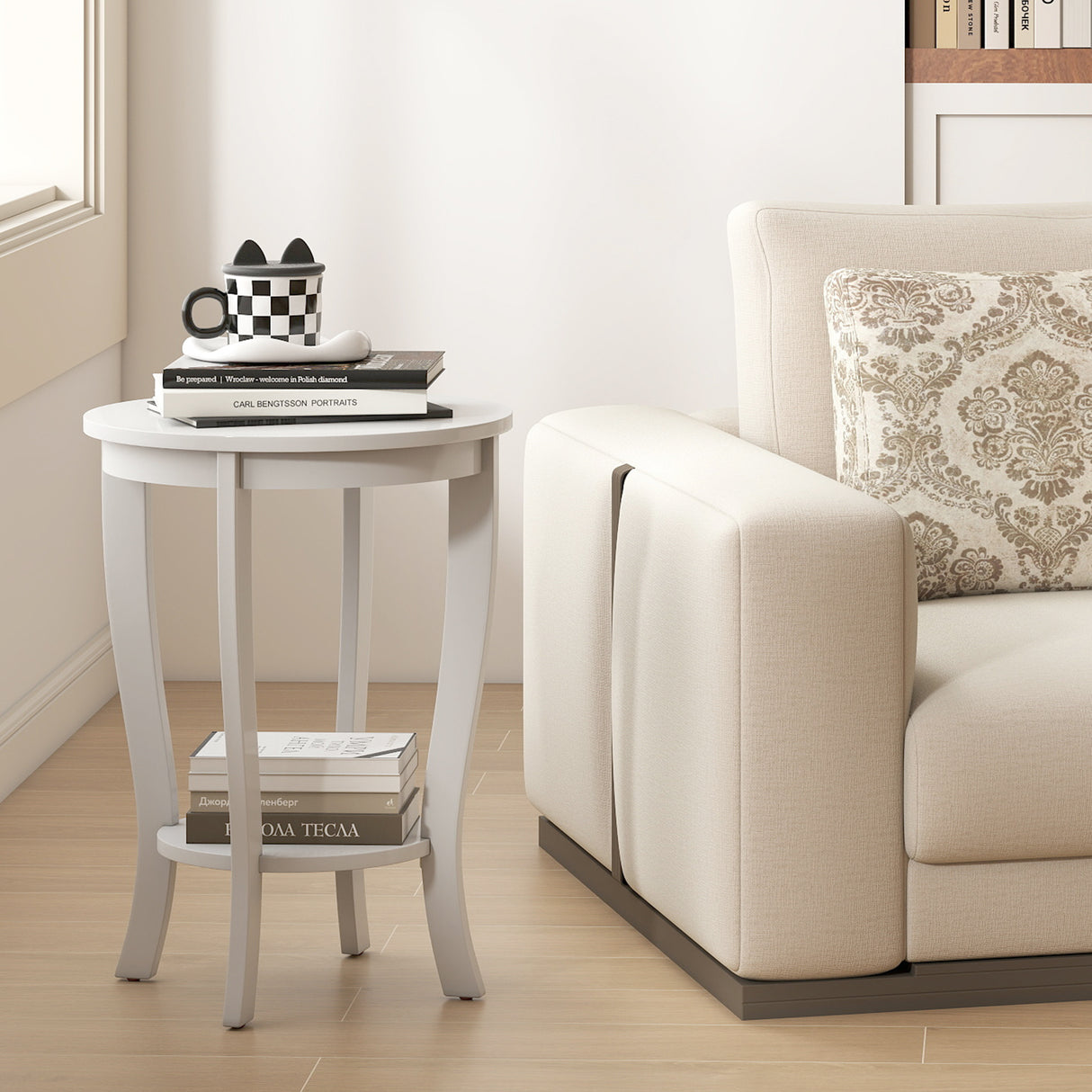 2-tier Round End Table with Solid Wood Legs