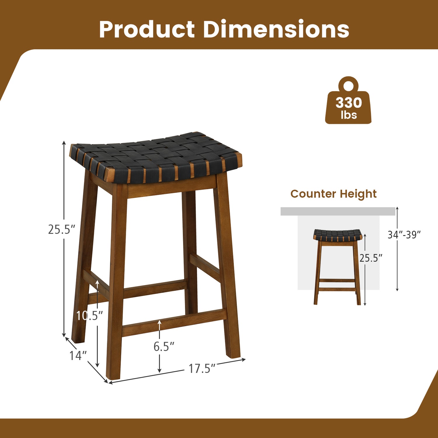 Faux PU Leather Bar Height Stools Set of 2 with Woven Curved Seat-25 Inches