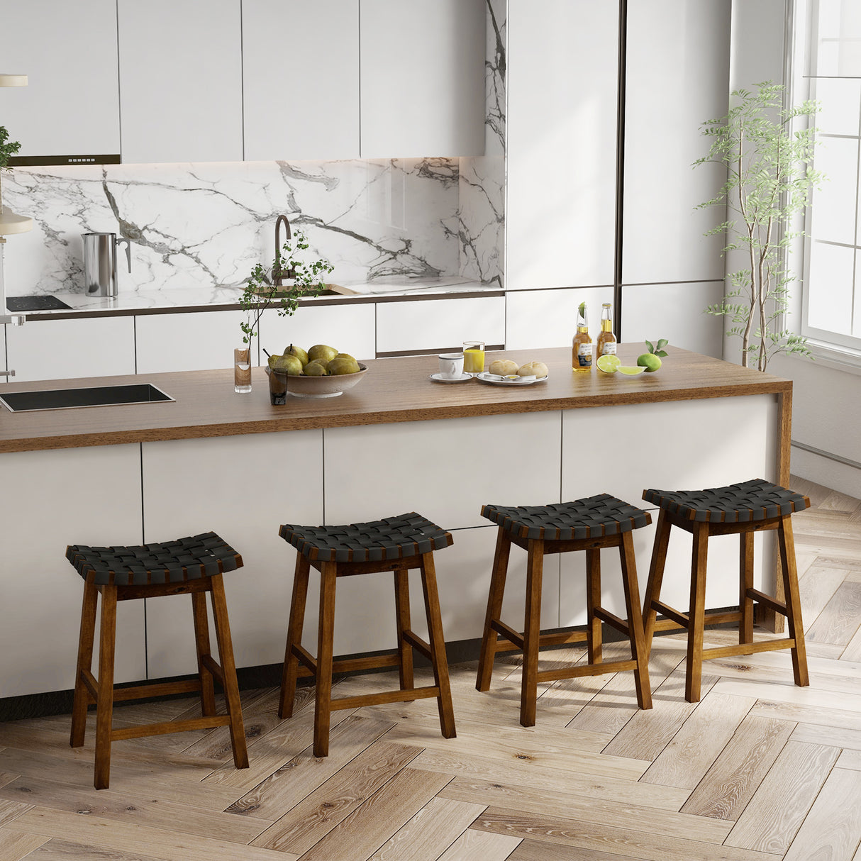 Faux PU Leather Bar Height Stools Set of 2 with Woven Curved Seat-25 Inches