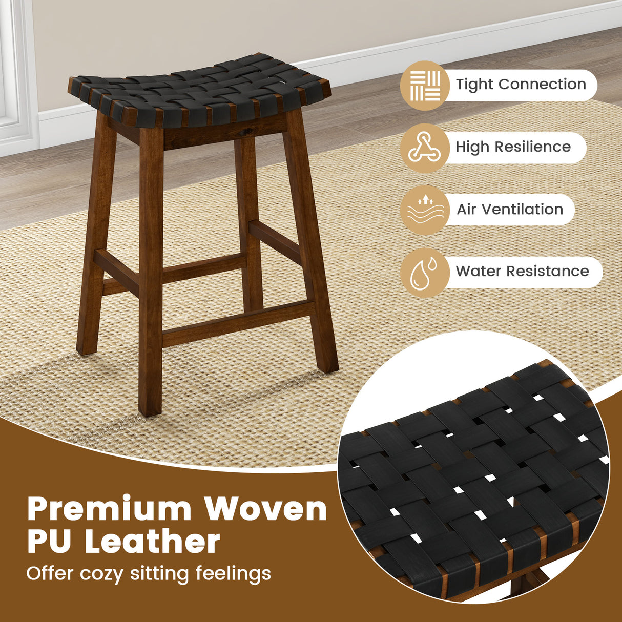 Faux PU Leather Bar Height Stools Set of 2 with Woven Curved Seat-25 Inches