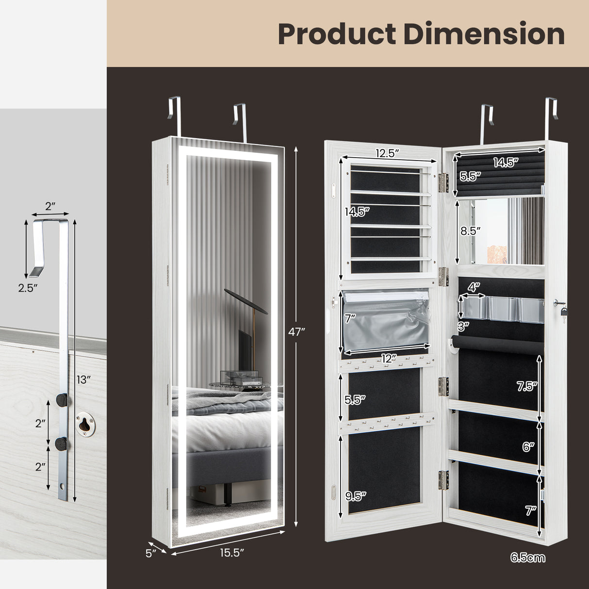 Mirrored Jewelry Armoire with Full Length Mirror and 2 Internal LED Lights