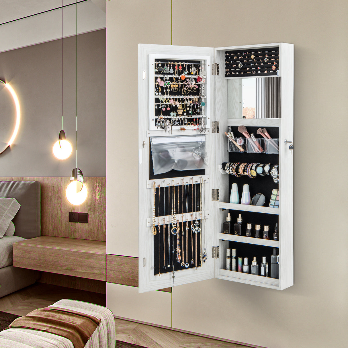 Mirrored Jewelry Armoire with Full Length Mirror and 2 Internal LED Lights