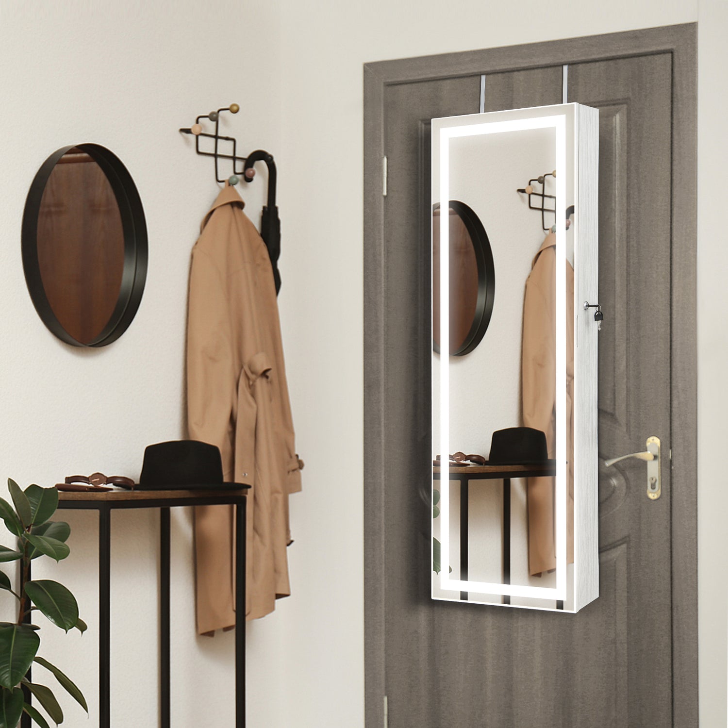 Mirrored Jewelry Armoire with Full Length Mirror and 2 Internal LED Lights